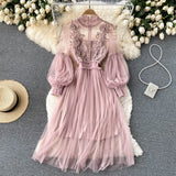 Industry Three-Dimensional Flower Net Gauze Temperament Standing Collar Lantern Sleeves High Waist Show Thin Sling Two Set Fairy Dress-Outfit