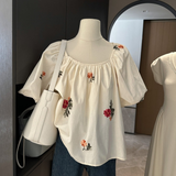 Chic Floral Printed Slash Neck Folds Top Women Sweet Ruched Loose Short Blouse Summer New