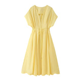 Fongt Summer New Women's Folding Shoulder Short-Sleeved Fan Flute Long Dress