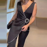 Fongt Summer New Fashion V-Neck Sleeveless Stitching Irregular Jumpsuit Woman-Outfit