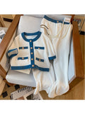 Fashion Casual Two-piece Set Women Summer Short Sleeve O-neck Single Breasted Top + White Trousers Sets Pants