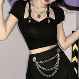 Women Goth Crop Tops T-shirts Summer Slim-fit Gothic Solid Color Short Sleeve V-neck T-shirt Women y2k