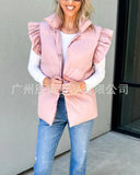 The Ins Hot Ladies Autumn Winter Down Jacket Casual Standing Collar Buckle Double Plug Bag Flying Lotus Leaf Sleeve Vest-Outfit