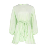 2022 Summer A Line Women's Dress O Neck Long Sleeve High Waist Sashes Slim Rose Color Mini Dresses Female