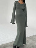 Women Knitted Long Dress Long Flare Sleeve Backless Tie-up Round Neck Solid Color Ruffles Hem Dress Beachwear Vestido-Outfit