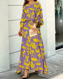 Fongt Women's Summer New Loose Print Long-Sleeved Top High Waist Half-Body Large-Size Dress Set