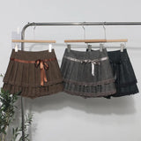 Vintage College Wind Bow Lace 100-Fold Short Skirt High Waist Anti-Walking Pu Skin Skirt