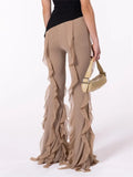 Fashion Women Ruffles Long Flare Pants Solid Color Low Waist Stretch Bell-Bottom Summer Fall Trousers Streetwear 2024-Outfit