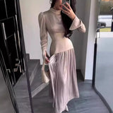 Fongt Autumn New Solid Fashion Splicing Design Round Collared 100-Folded Dress Girl