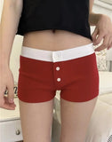 Women Soft Cotton Front Buttons Shorts 2023 Summer Vintage Low Waist Female Chic Bottoms-Outfit