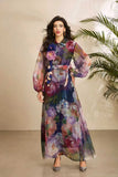 Fongt Court-Print Bubble-Sleeved Dress Women's Autumn Strap-In Belt Design Super Fairy Long Dress Dress
