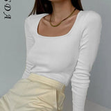 2021 Square Neck Green Long Sleeve T Shirts Women Knitted Autumn Winter Black Basic Ribber White Khaki Top Shirt Casual