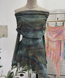 Sweet And Spicy Shoulder Dyed Printing Mesh Long-Sleeved Coat Folds Irregular Ribbon T-Shirt