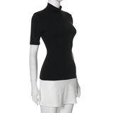 Mock Neck Short Sleeve Contrast Black N White Mini Dress-Outfit