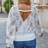 Backless Women Lace Blouse V Neck Long Sleeve Lace Stitching Shirts Sweet Spring Elegant White Woman Blouses Top