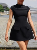 Fongt Spring And Summer New Women's Pure Color Round Neck Pocket Design Waist Repair Dress