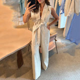 Fongt New Fashion Polo Collar Waist Solid Color Wide-Leg Jumpsuit Woman-Outfit