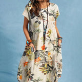 ZANZEA Summer Woman Vintage Dress Bohemian Floral Printed Holiday Casual Robe Vestidos O-Neck Short Sleeve Knee-length