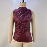 Fongt Women's 2024 Leather Collar Personality Waist Oblique Sleeveless Top Women's Vest-Outfit