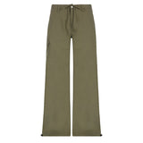 y2k Green Cargo Pants Tie Up Ruched Trousers Women Retro Baggy Low Waisted Sweatpants Pockets Harajuku Joggers