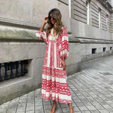 Puff Sleeve Long Dress Women Elegant Printed V-Neck Maxi Dresses Boho Drawstring Loose Holiday Beach Dress Vestidos