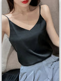 Summer Solid Sleeveless Crop Casual Camis Tank Tops Ladies V-Neck Female Vest Women Imitation Silk