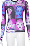 mesh sheer women t shirt crop top Anime print long sleeve gloves patchwork bodycon sexy 2023 summer clothes party