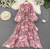 Quality Light Extravagant Lantern Long Sleeved Round Collar Waist Slim Single Breasted Printed Dress Elegant Long Skirt-Outfit