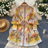 Fongt Style Dress Women High-End Elegant Collar Lantern Sleeve Single Buckle Waist Print Chiffon Long Dress