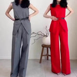 Fongt Summer New Solid Color Round Collar Sleeveless Top High Waist Broad Leg Pants Two Sets Of Women