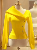 Fongt Big Collar Elegant Knitted Jersey Solid Color Front Row Fake Button