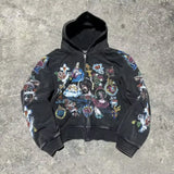 Fongt 2025 Men's And Women's Hooded Sweatshirt Zipper Graffiti ID Card Print Long-Sleeved Hoodie Coat