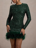 Fongt Women's Dress Sexy Dress Long Sleeve Solid Color Sequin Feather Dress Round Collar Woman 8102