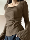 Square Neck Flare Sleeve Slim Knit-Outfit