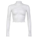 Spring And Summer New Spice Girls Perspective Lace High-Necked Long-Sleeved T-Shirt Thin Tight Short Blouse-Outfit