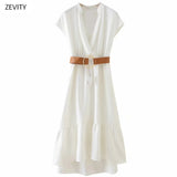 New women v neck solid short sleeve vestido elastic waist sashes midi dress chic female hem ruffles casual dresses