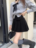 Bow Solid High Waist Pleated A-line Skirt-Outfit