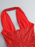 Halter Deep V Neck Sequin Maxi Dress-Outfit