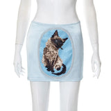 Dark Aesthetic Cute Harajuku Low Waist Skirts Pastel Gothic Satin Y2k Sexy Women Mini Skirt Cat Print Kwaii Slim