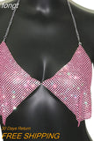 Shiny Rhinestones Halter Camisole For Women Sexy Backless Deep V Neck See Through Crop Top Summer Beach Tank