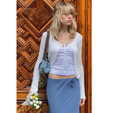 Fongt Wind Sweater Knitted U-Neck Hollow Solid-Colored Bow Strap Wearing Long-Sleeved Women's Top