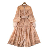 Fongt Dress Woman's Spring 2025 New French Elegant Embroidered Lantern Sleeves Waist Single Buckle Large Swing Dress