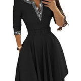 Fongt Autumn / Winter Temperament Elegant Closed Waist Hot Diamond In The Long Sleeve Solid Color Big Swing V-Neck Dress With A