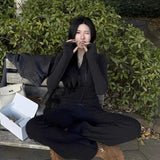 Fongt Retro Black Hooded Long-Sleeved Knitted Shirt Micro-Sleeves Friserie Women Autumn And Winter Slimming Two Sets
