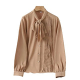 Fongt Curry With Chiffon Long-Sleeved Shirt Women's Bow Tie Irregular Design Sense 2025 New Ocean