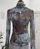 Real Shooting Denim Pattern Dye Printing Retro Babes Thin Mesh T-Shirt High-Necked Long Sleeve Bottom Shirt Top