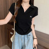 Embroidered Bow Polo Collar Short Sleeve Tee-Outfit