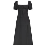 Drawstring Solid Summer Dress Beach Style Vintage Square Collar Puff Sleeve Long Dressees For Women 2021 Prairie