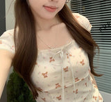 Lace Trim Square Collar Bow Short Sleeve Tee-Outfit