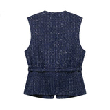 Fongt And Beads Coarse Spinning Vest 2025 Spring Temperament Metal Buttonless Sleeveless Round Collar Body Jacket Woman